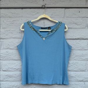 Vintage Light Blue Ribbed Embellished Tank Top
